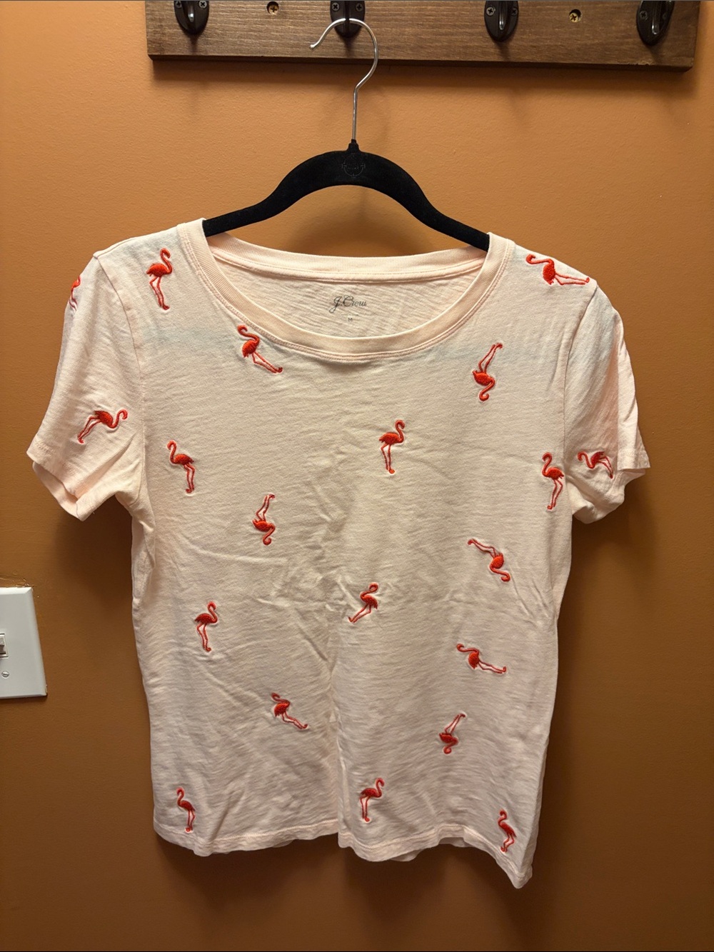 J. Crew Light Pink Tee with Coral Flamingo Embroidery
